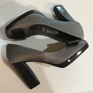 ANN MARINO Steel Gray Textile Fabric Accent Bow Block Heel Pump 8.5M EUC!!